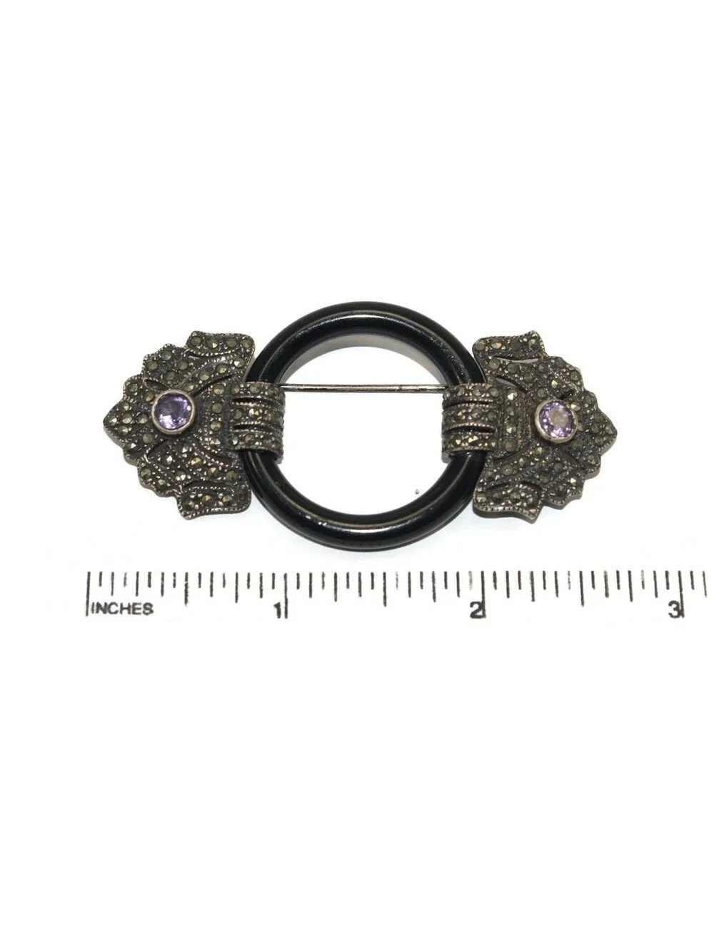 Art Deco Vintage Sterling Silver, Marcasite, Amethyst and Onyx Ring Brooch.